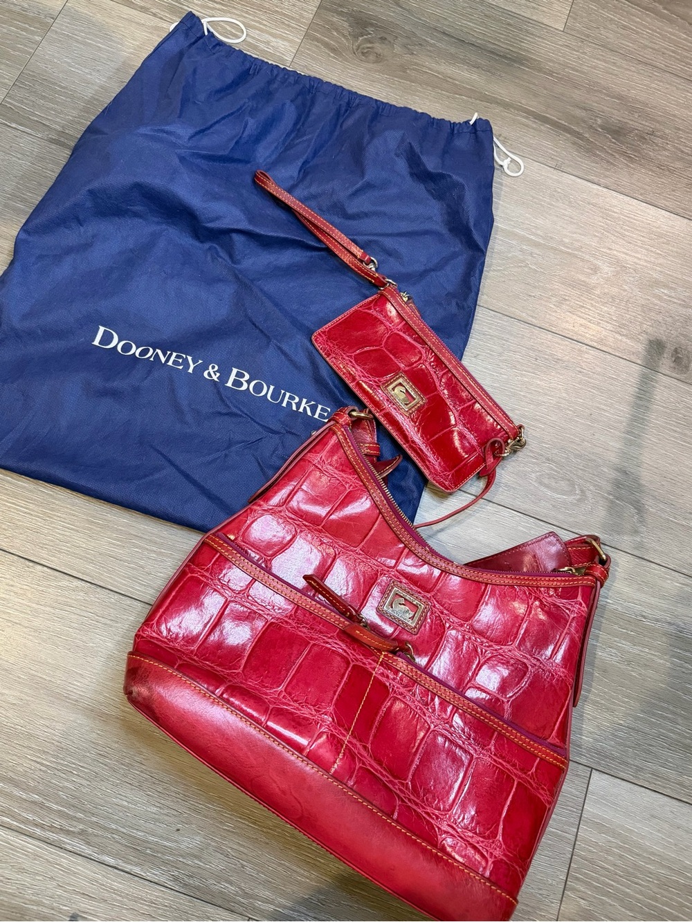 Dooney & Bourke Red Croc-Embossed Leather Shoulder Bag with Wristlet